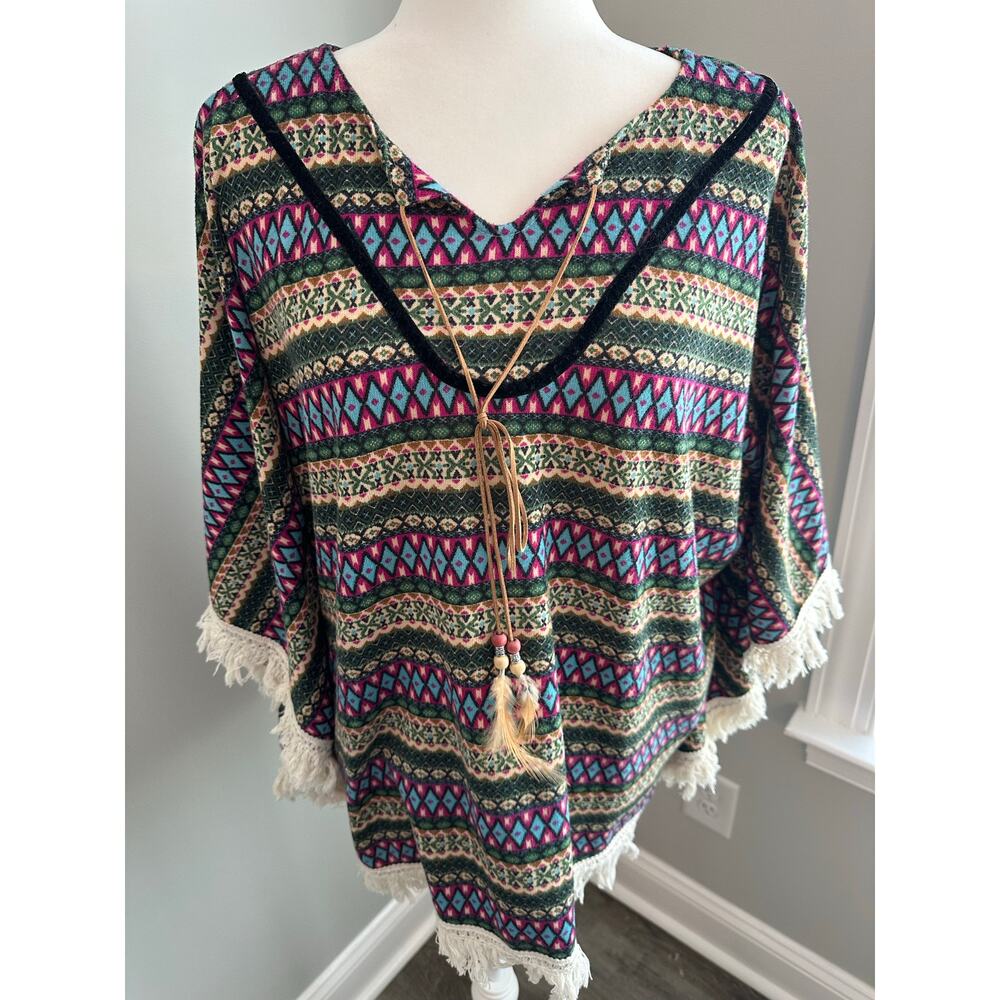 Earthbound Trading Poncho Colorful Fringe Lightweight Southwestern Boho Festival